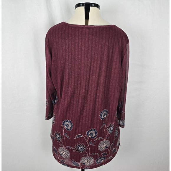 Timeson Blouse Women's 3XL Burgundy Floral Ruffle 3/4 Sleeve Round Neckline NWT - Picture 6 of 16